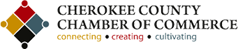 Cherokee County Chamber of Commerce logo with a colorful diamond shape and the words: connecting, creating, cultivating.