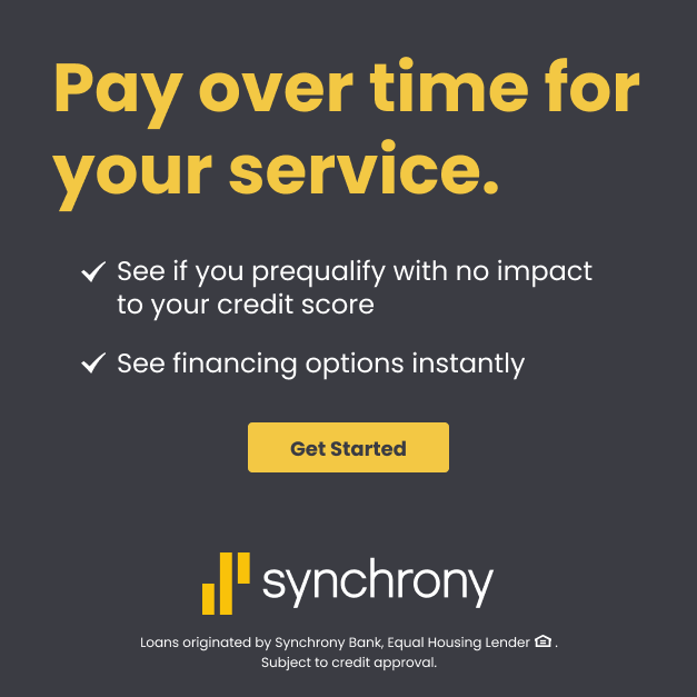 Advertisement for Synchrony: Pay over time for service. Offers prequalification with no credit score impact and instant financing options.
