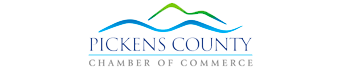 Pickens County Chamber of Commerce logo with blue waves and green mountains.