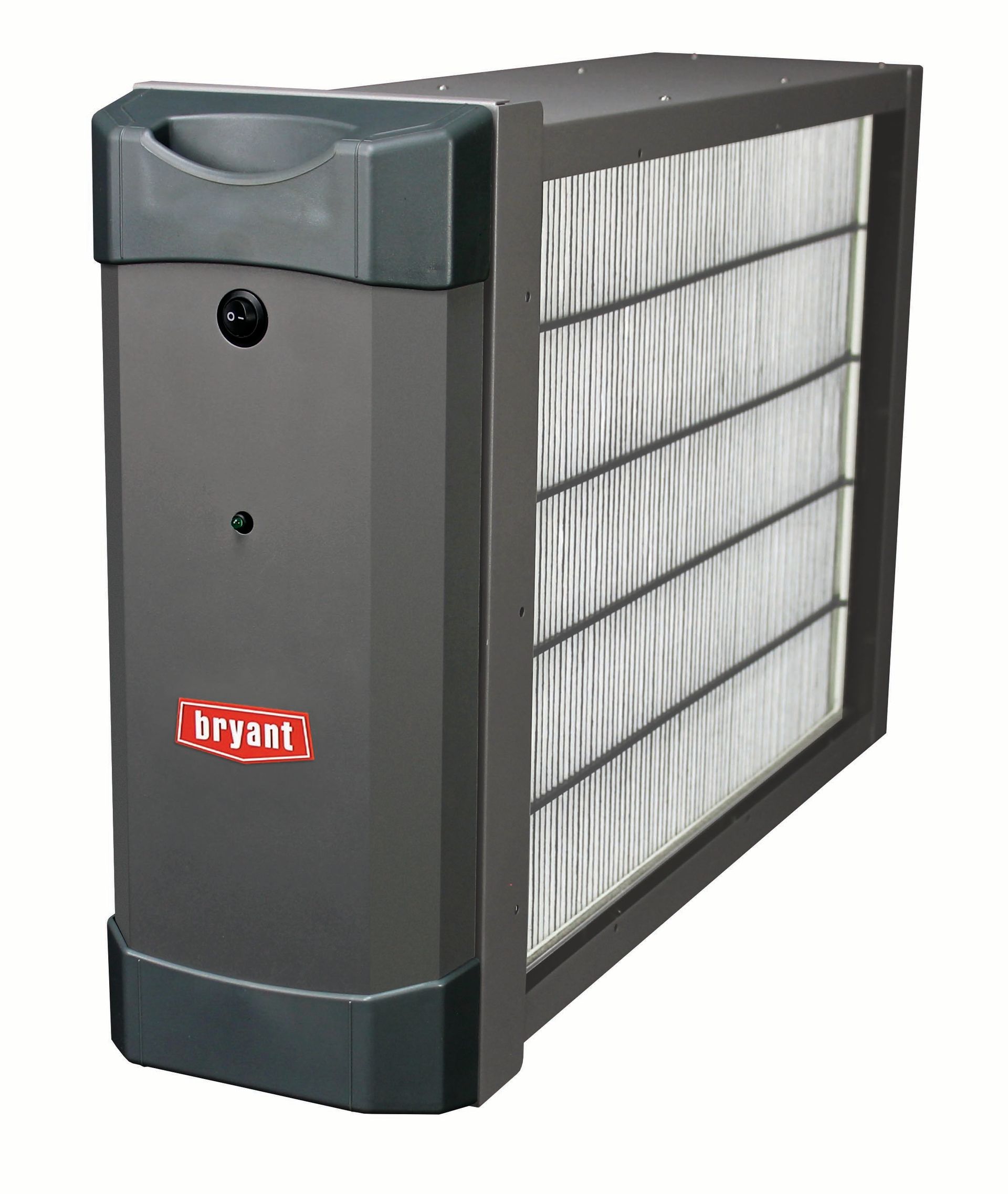 Gray Bryant whole-house air cleaner with filter, outdoors.