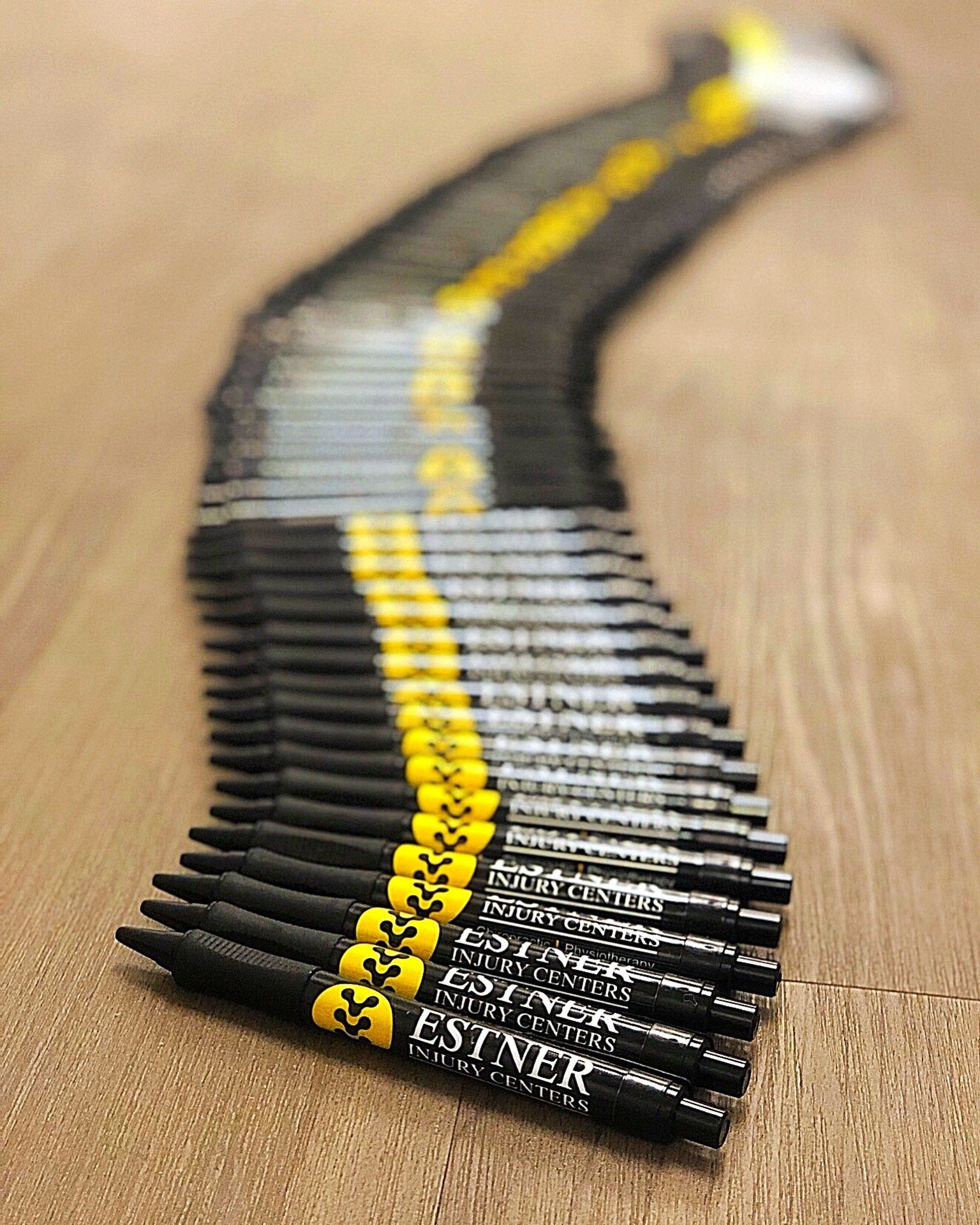 Estner Injury Center pens lined up to look like a spine