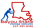 A logo for bayou state moving services with a man pushing a map