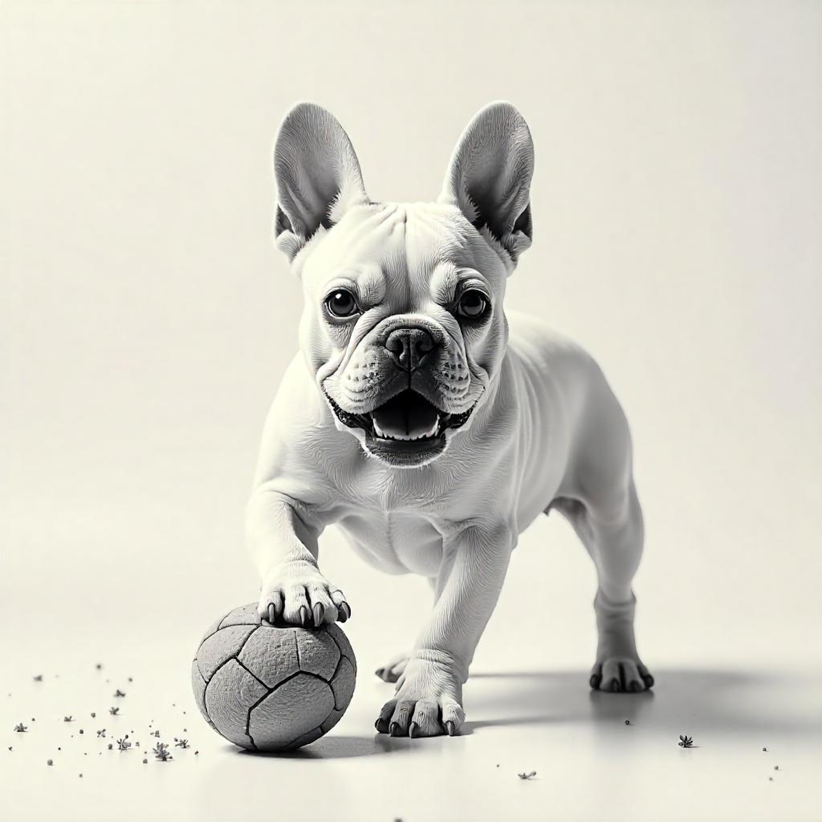 frenchie dog with one paw on small ball