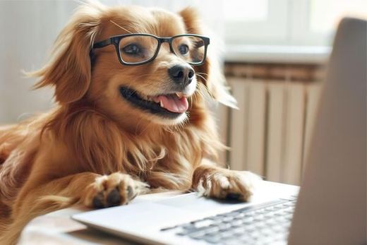 dog with glasses working on laptop