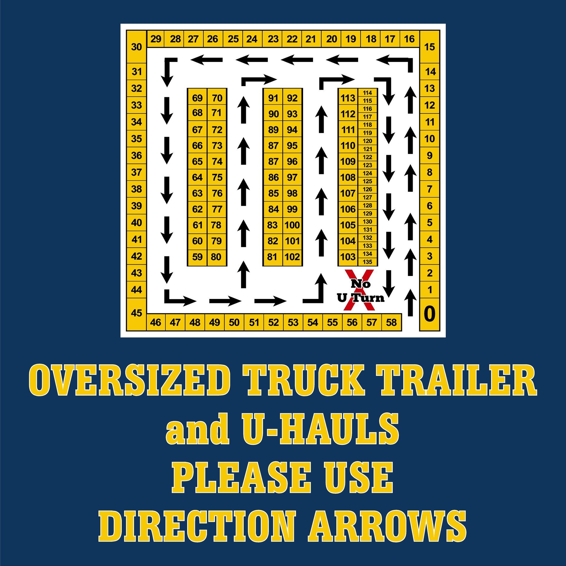 An oversized truck trailer and u-hauls please use direction arrows