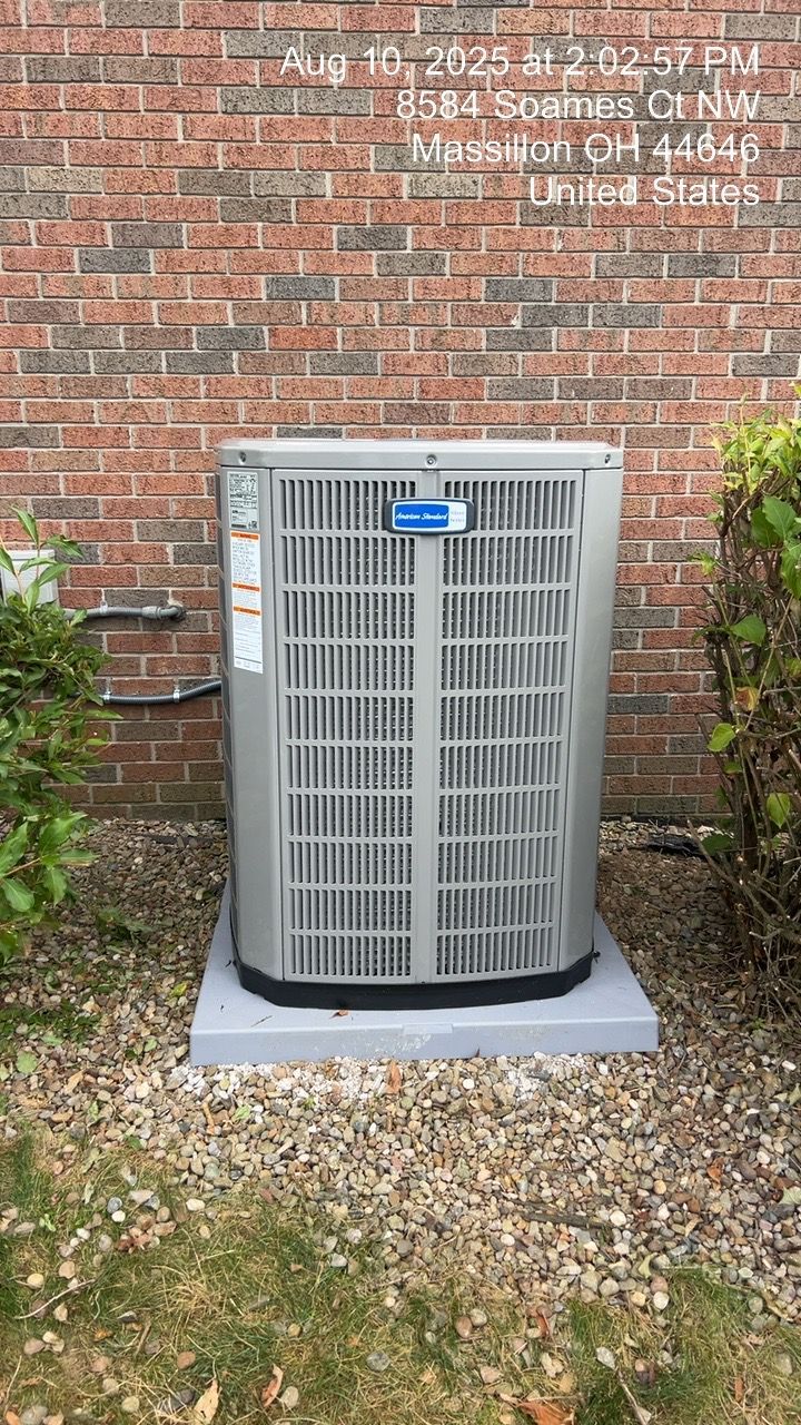 Air conditioning unit on a concrete pad next to a brick wall and bushes.