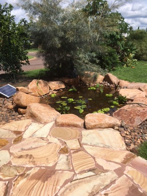 A pond surrounded by rocks and trees with a solar panel on top of it.