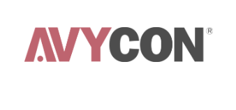 A red and black logo for avycon on a white background
