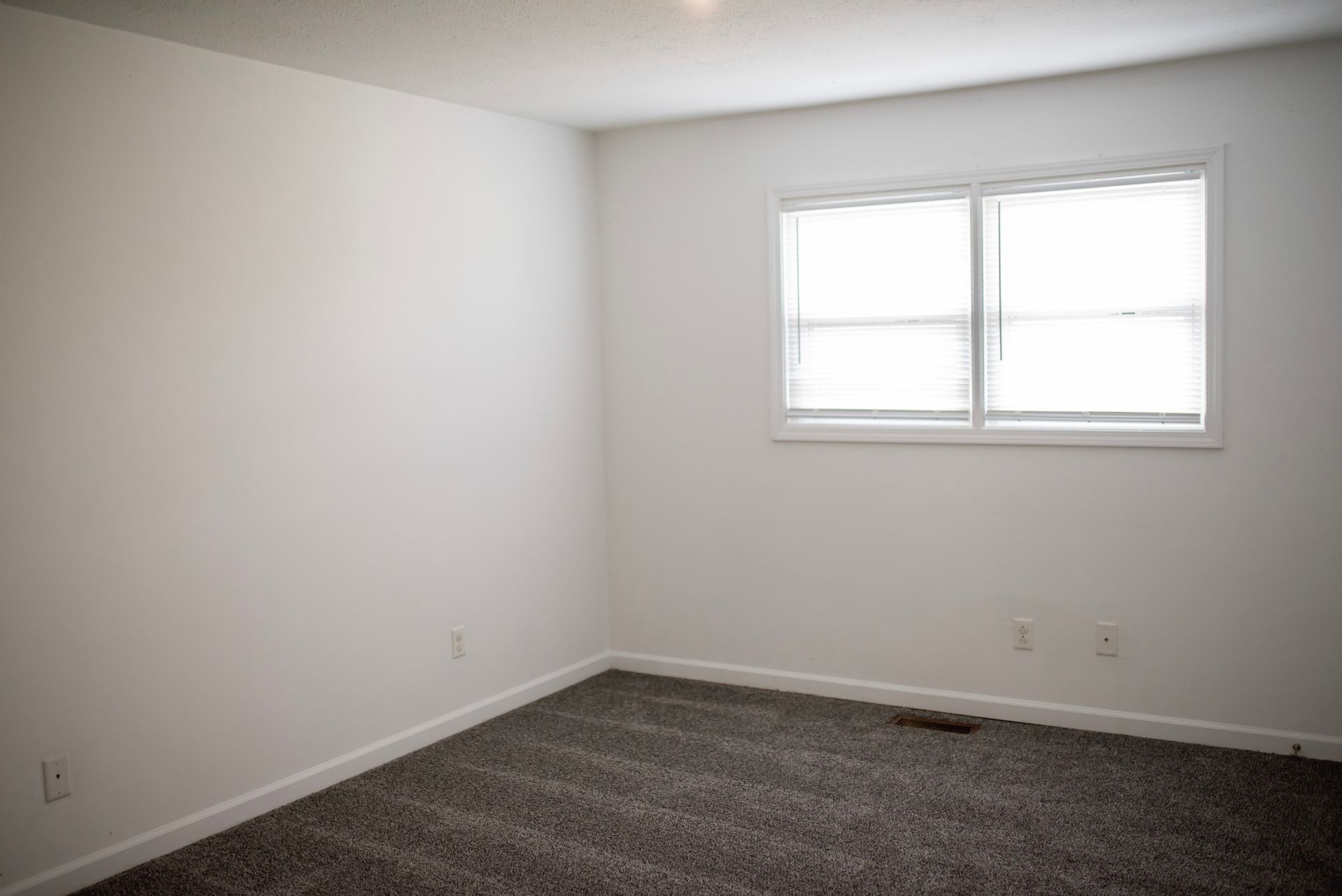 An empty bedroom with a window and a carpeted floor.