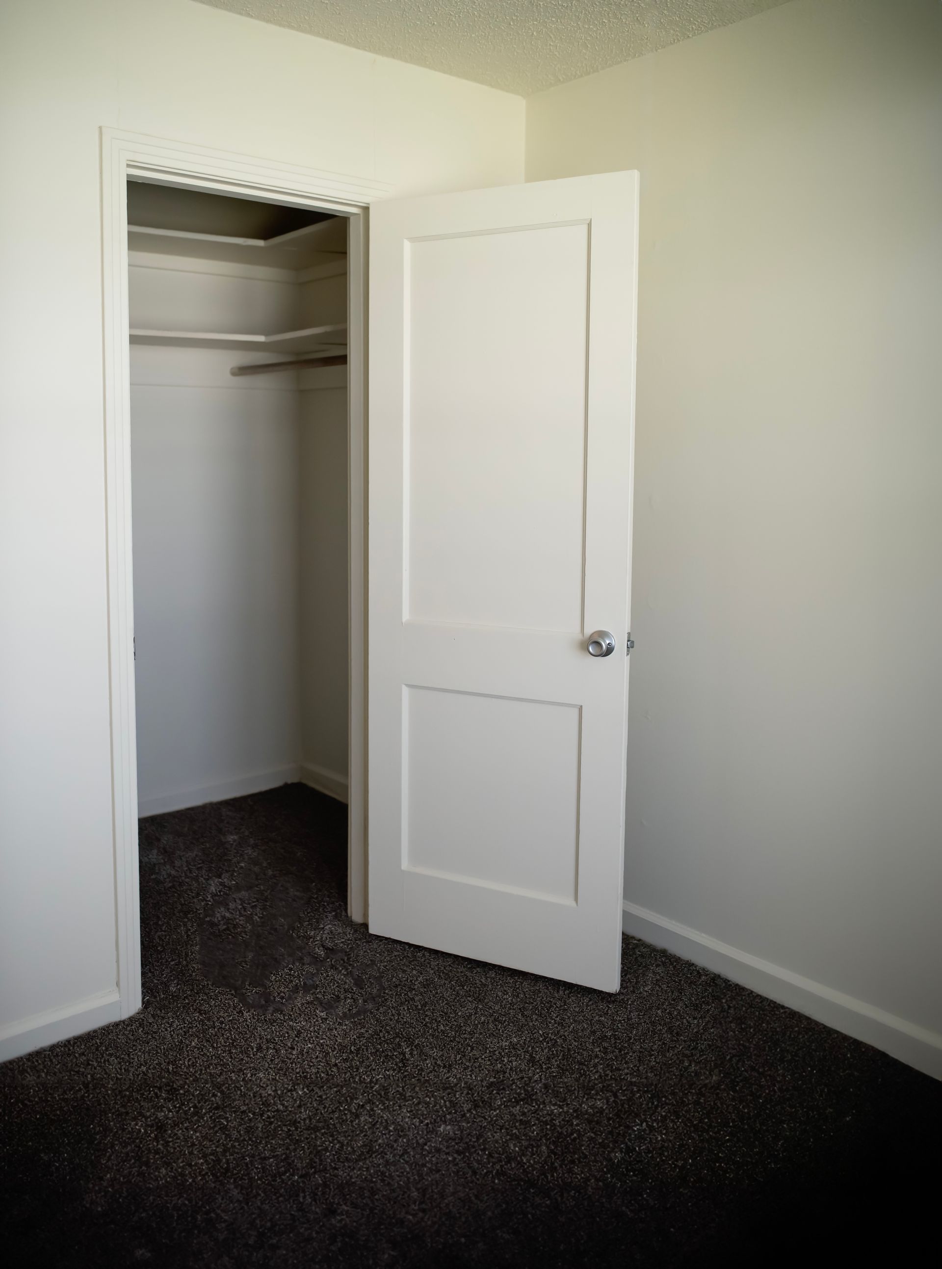A bedroom with a closet and a door open