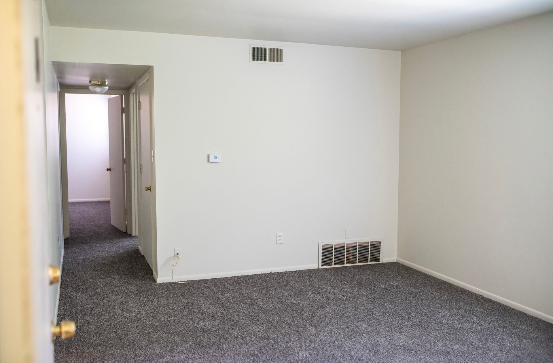 An empty living room with a gray carpet and white walls.