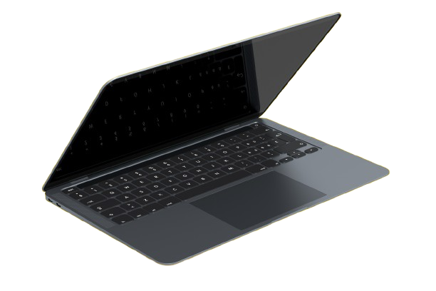Dark gray laptop, lid open, angled, keyboard visible.