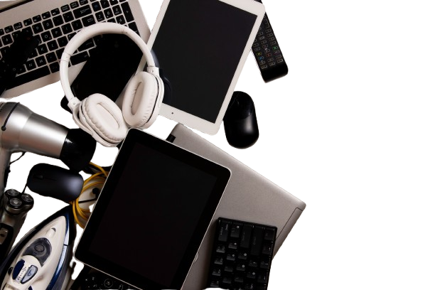Pile of electronics: laptop, tablets, headphones, mouse, hair dryer, keyboard, and other devices.