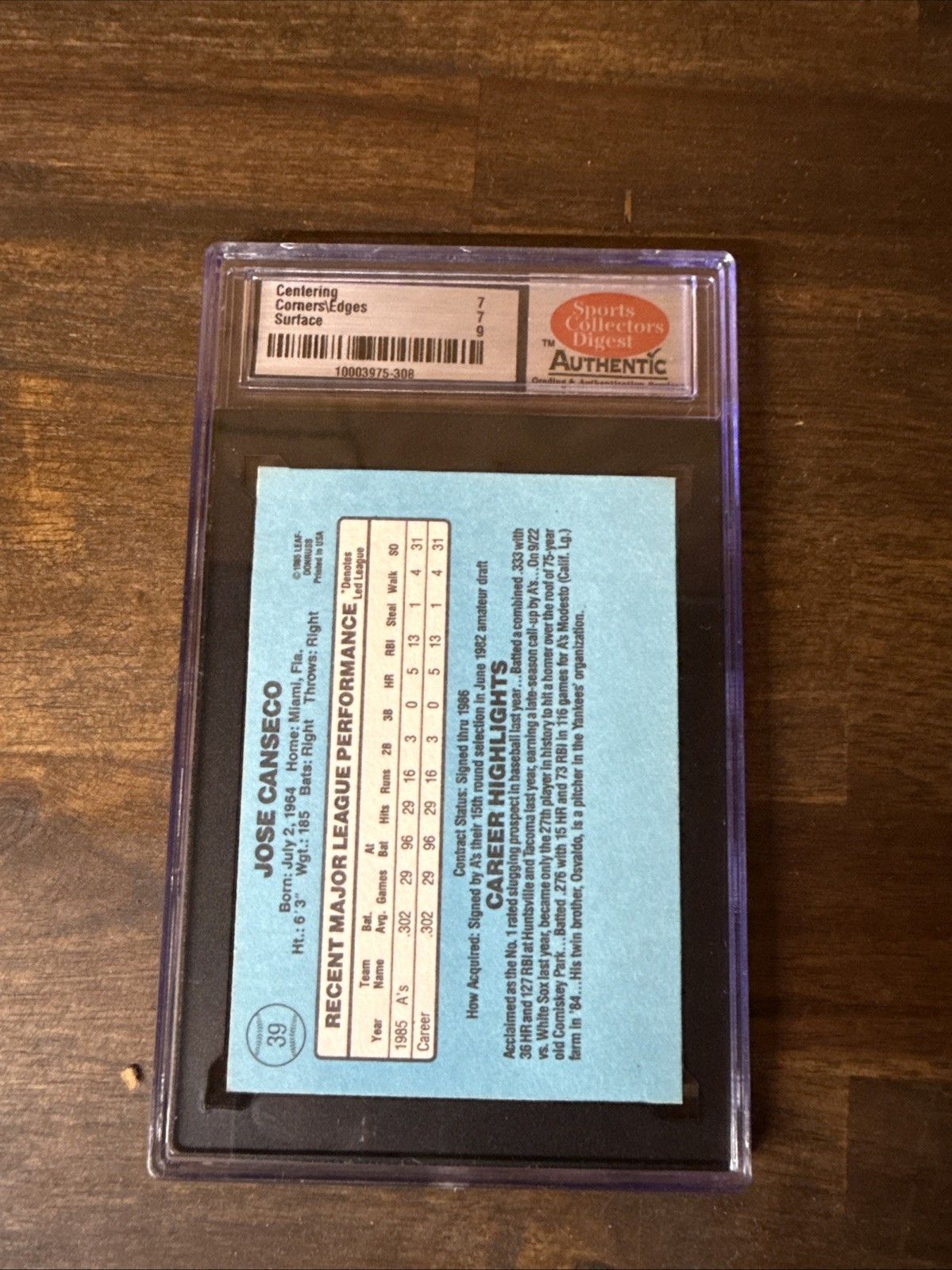 Jose Canseco 1986 Donruss Rookie Card #39 SCD Graded 6