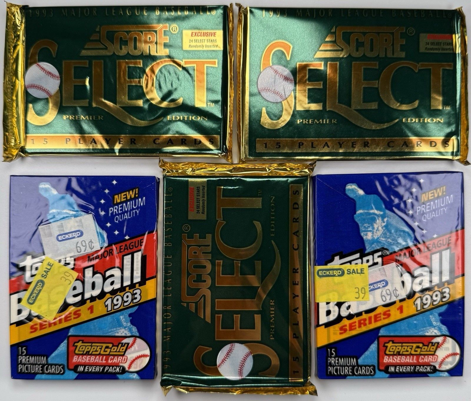 1993 Topps S1 & Score Select Baseball Sealed Pack Lot x5 (3 Select, 2 Topps) Wax