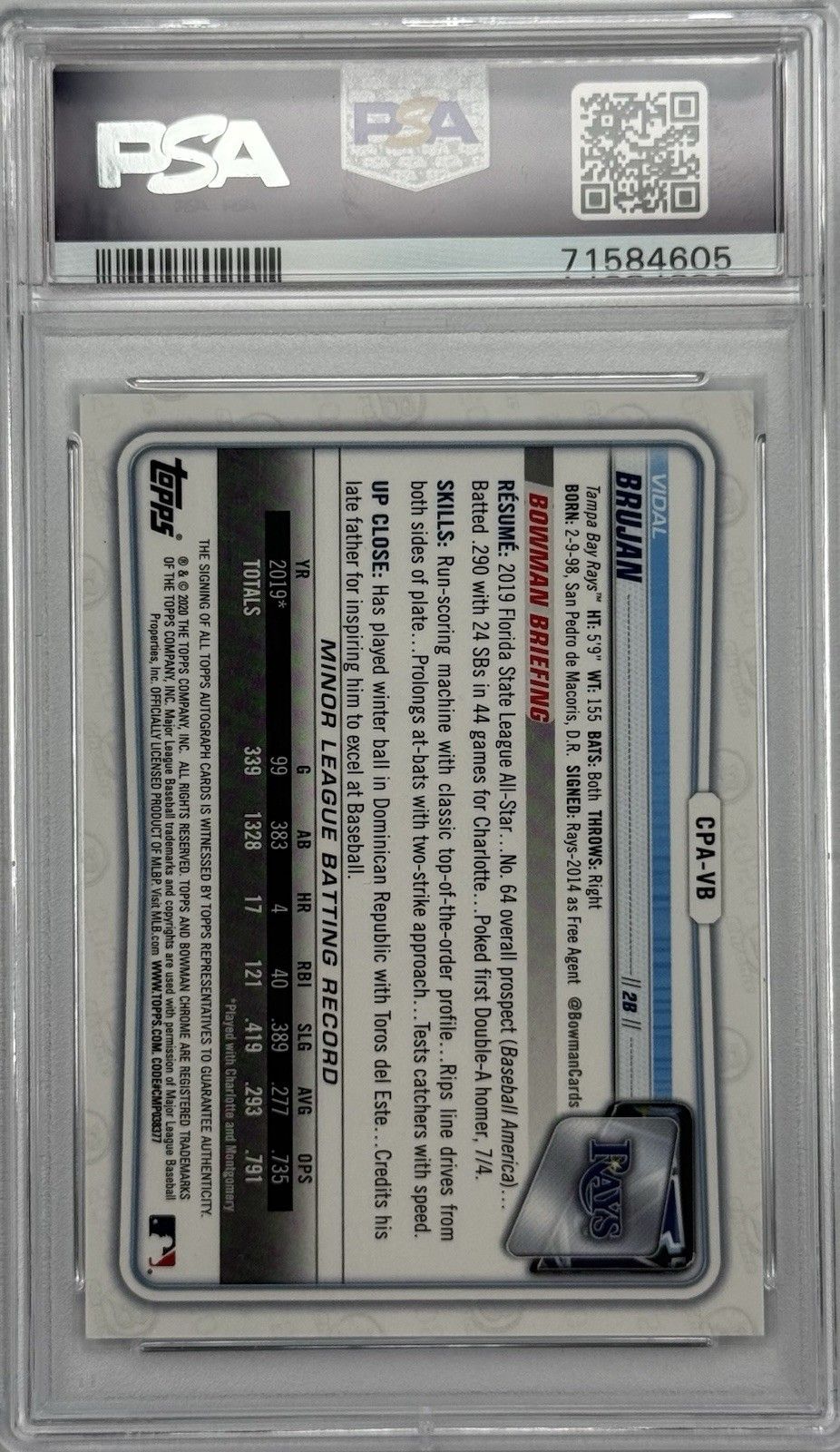 Vidal Brujan 2020 Bowman Chrome 1st Auto PSA 10 Rays Prospect Autograph CPA-VB