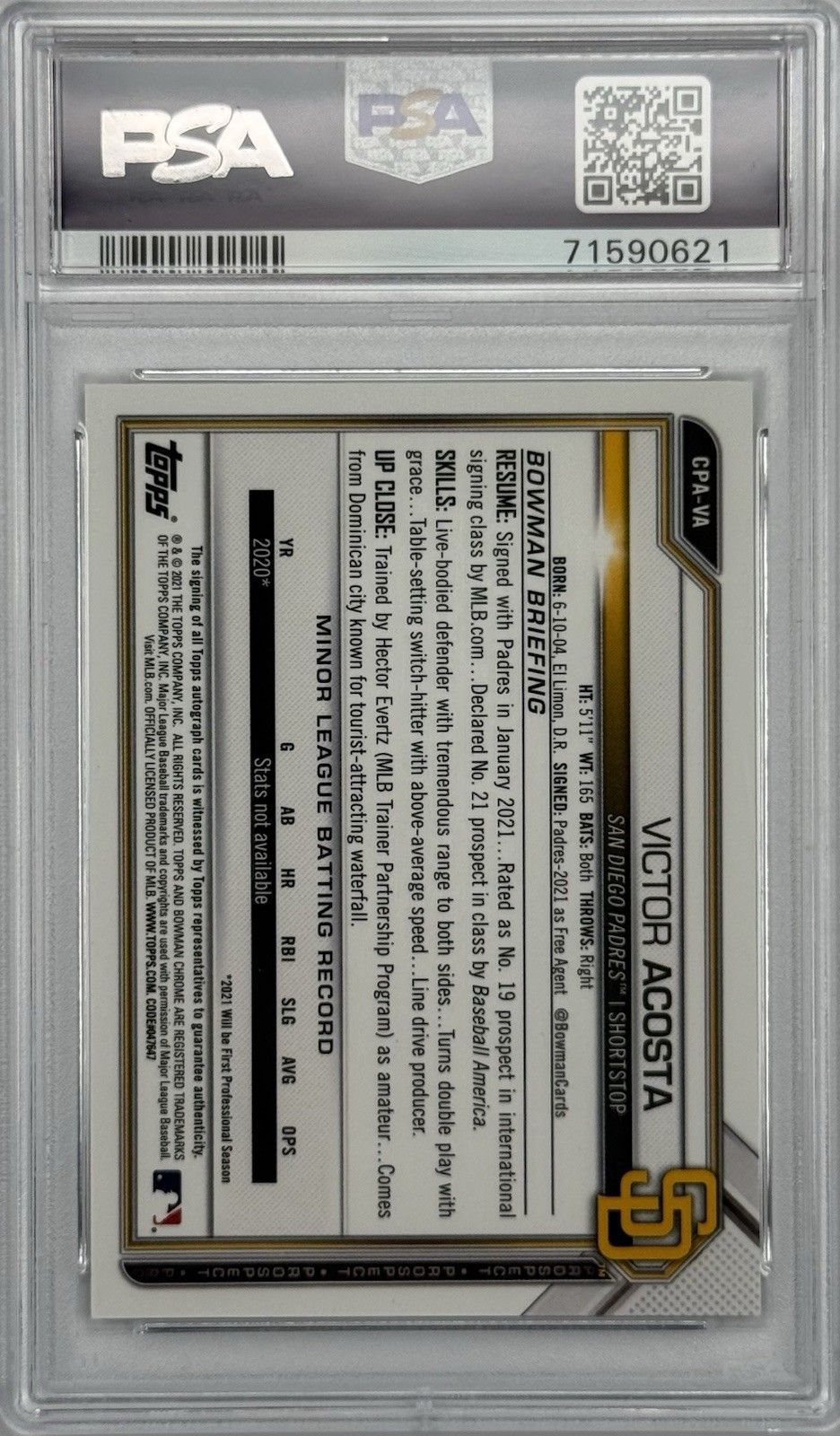 2021 Bowman Chrome Victor Acosta 1st Bowman Auto PSA 10 Gem Mint Padres Prospect