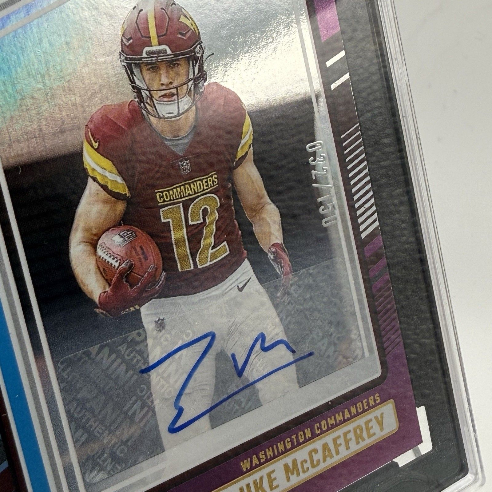 Luke McCaffrey 2024 Donruss Rated Rookie Auto Purple /150 SGC 8 Auto 10