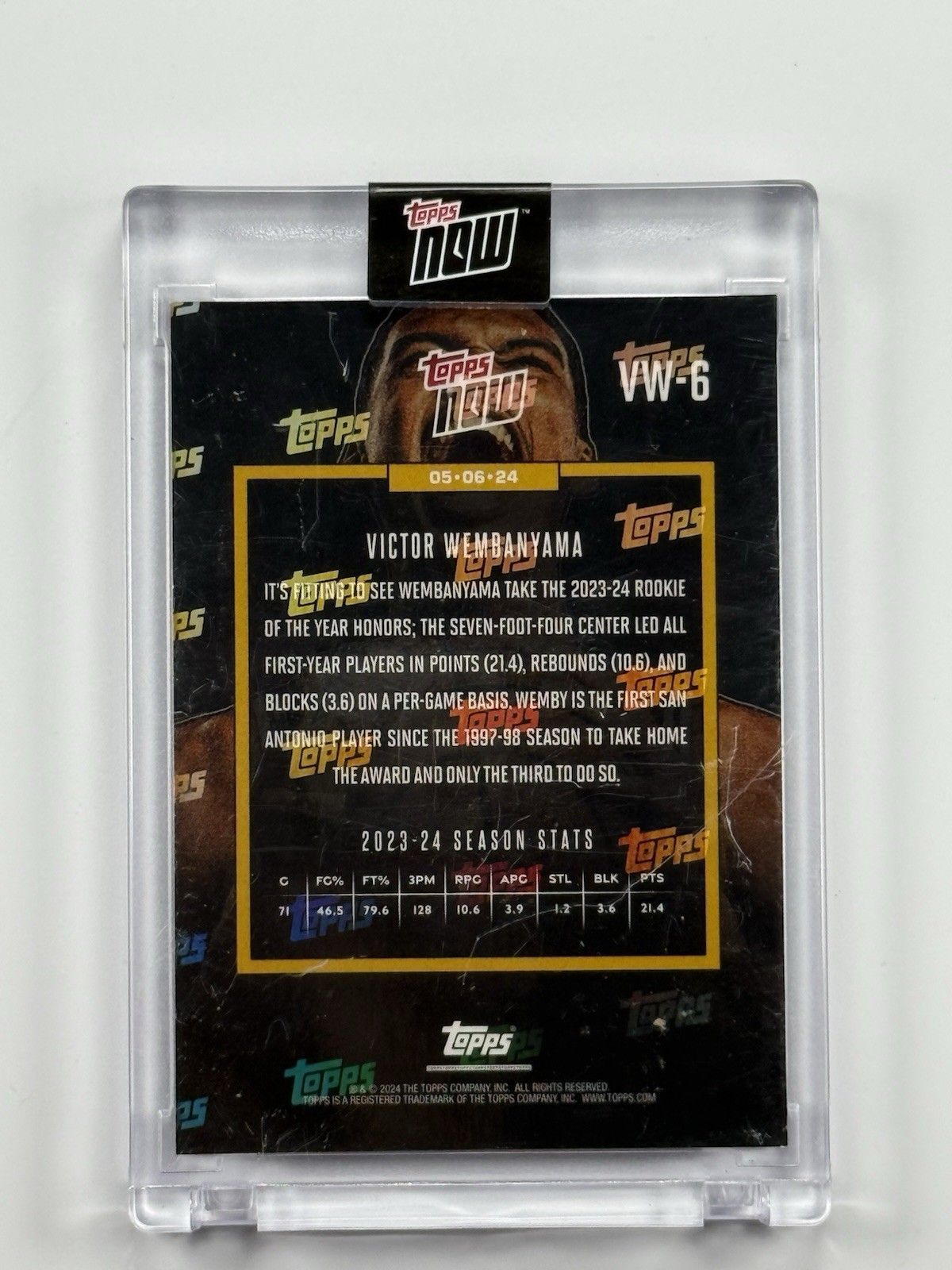 2024 Topps Now Victor Wembanyama Rookie Of The Year RC VW-6 Spurs Rookie Card