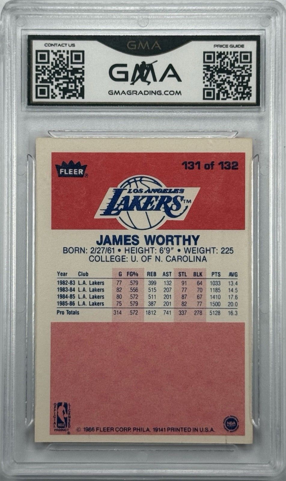 1986 Fleer James Worthy Rookie #131 GMA 8.5 NM-MT+ Lakers HOF RC