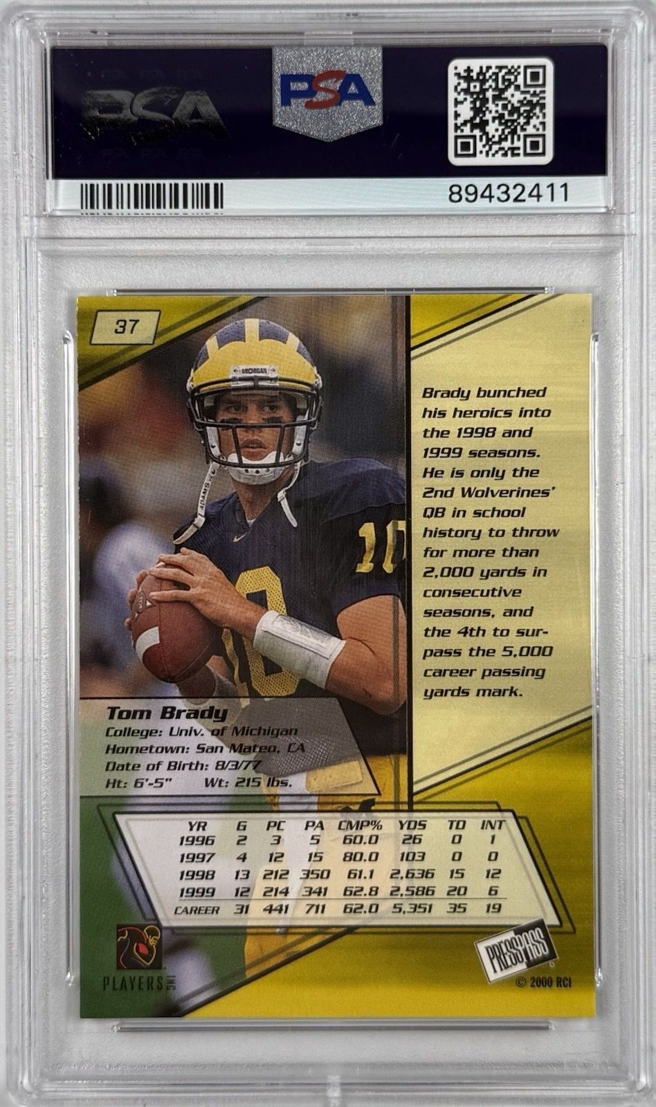 2000 Press Pass Tom Brady Rookie RC #37 PSA 8 NM-MT GOAT