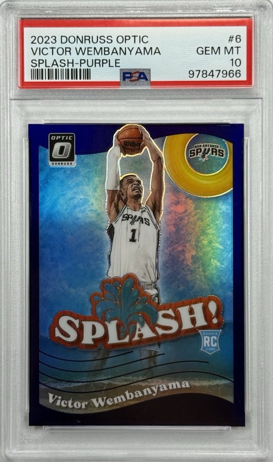 2023 Donruss Optic Victor Wembanyama Splash! Purple Prizm RC PSA 10 Spurs