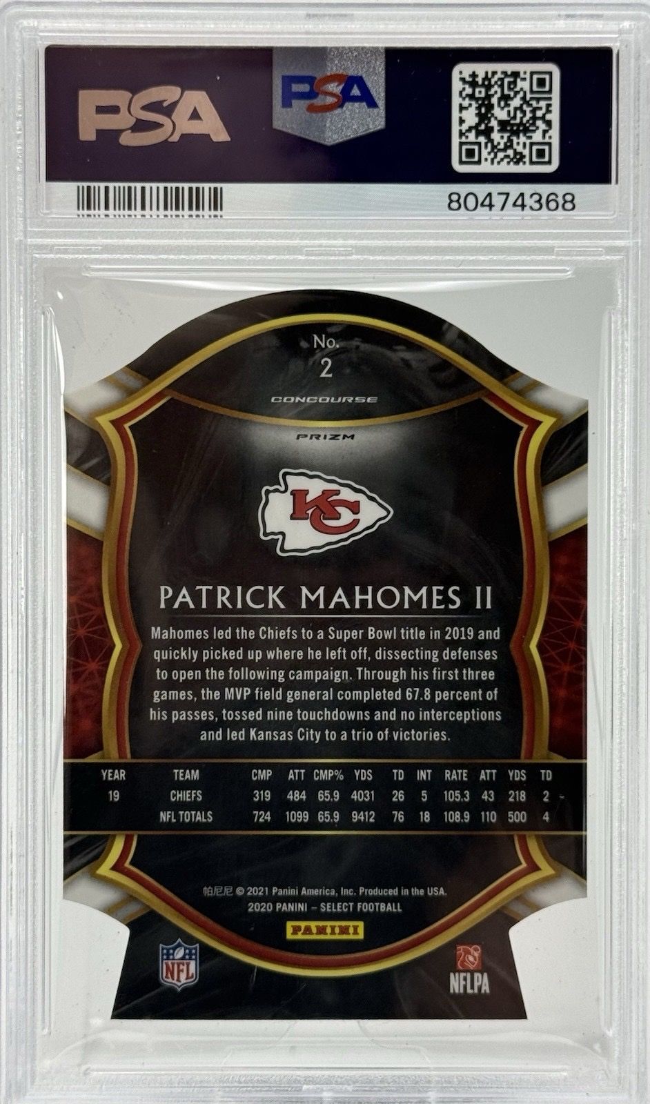 Patrick Mahomes II 2020 Select Concourse Neon Green Die-Cut PSA 10 Pop 12 SP