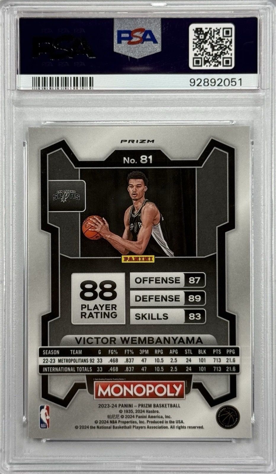 PSA 10 Victor Wembanyama 2023 Prizm Monopoly Purple RC Rookie #81 Spurs