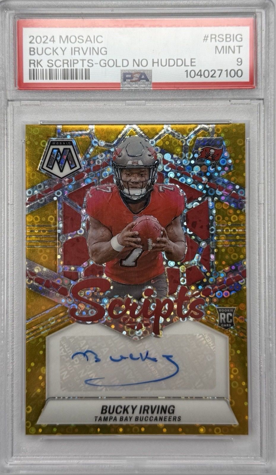 Bucky Irving 2024 Mosaic Gold No Huddle RC Auto 1/10 PSA 9 POP LOW 01/10