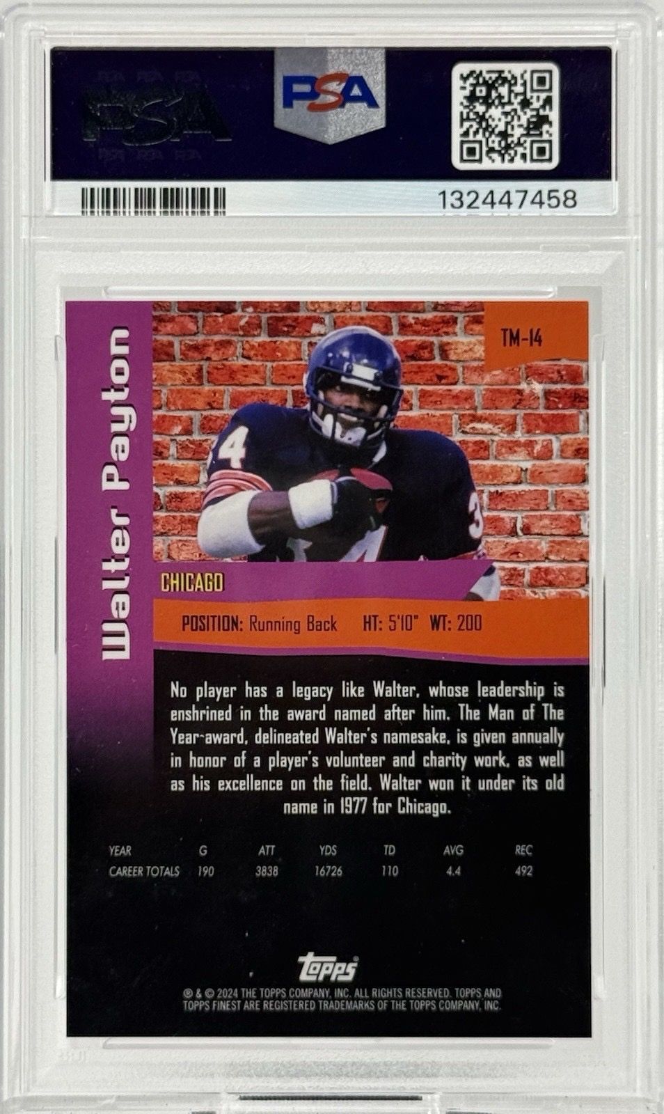 Walter Payton PSA 10 2024 Topps Finest The Man TM14 Bears HOF POP 17