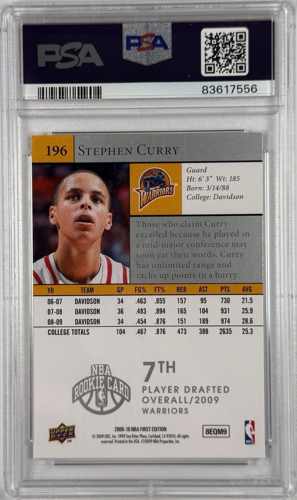 2009 Upper Deck First Edition Stephen Curry Rookie RC #196 PSA 8 NM-MT Warriors
