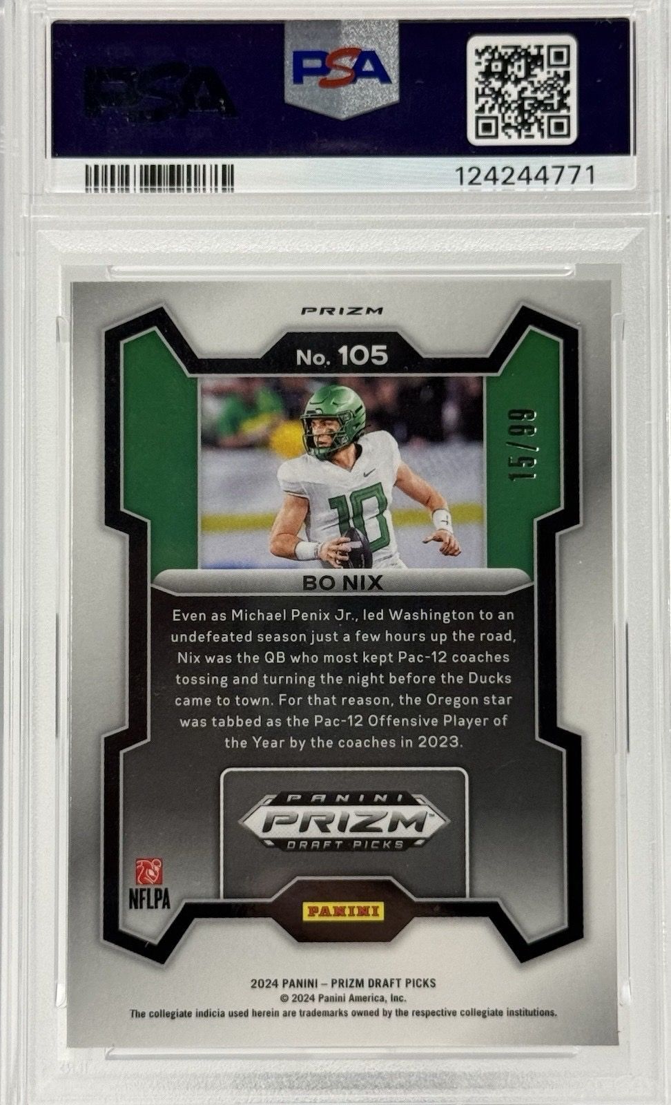 Bo Nix 2024 Prizm Draft Picks Blue Ice 15/99 RC PSA 10 Gem Mint POP 6