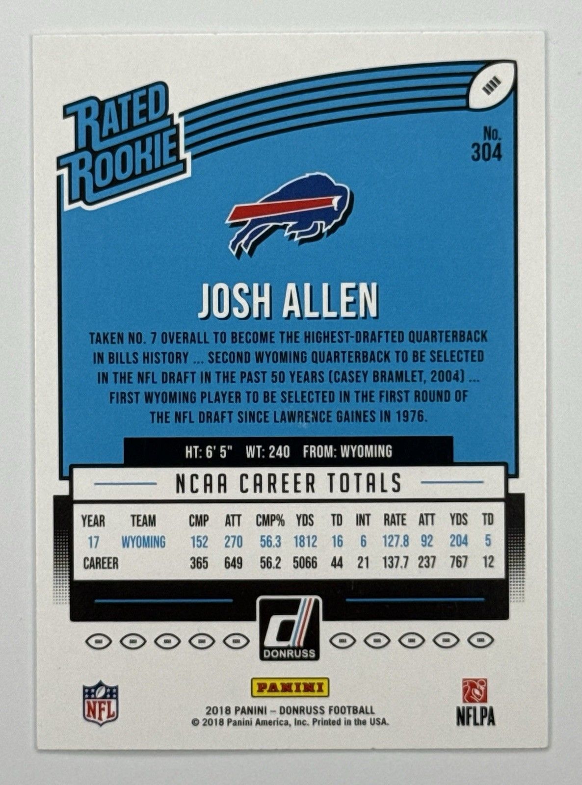 2018 Donruss Josh Allen Rated Rookie RC #304 Buffalo Bills Rookie Card