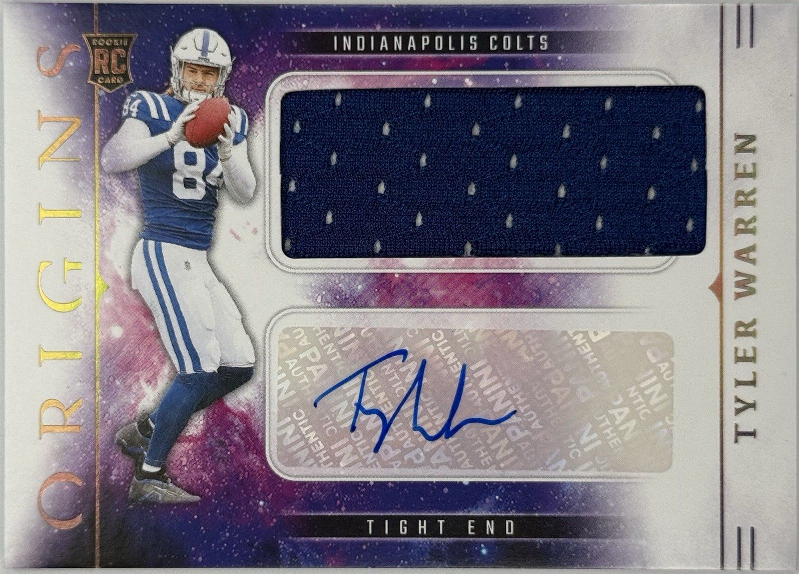 Tyler Warren RC Auto Patch 2025 Panini Origins Rookie Jumbo Relic Colts RPA
