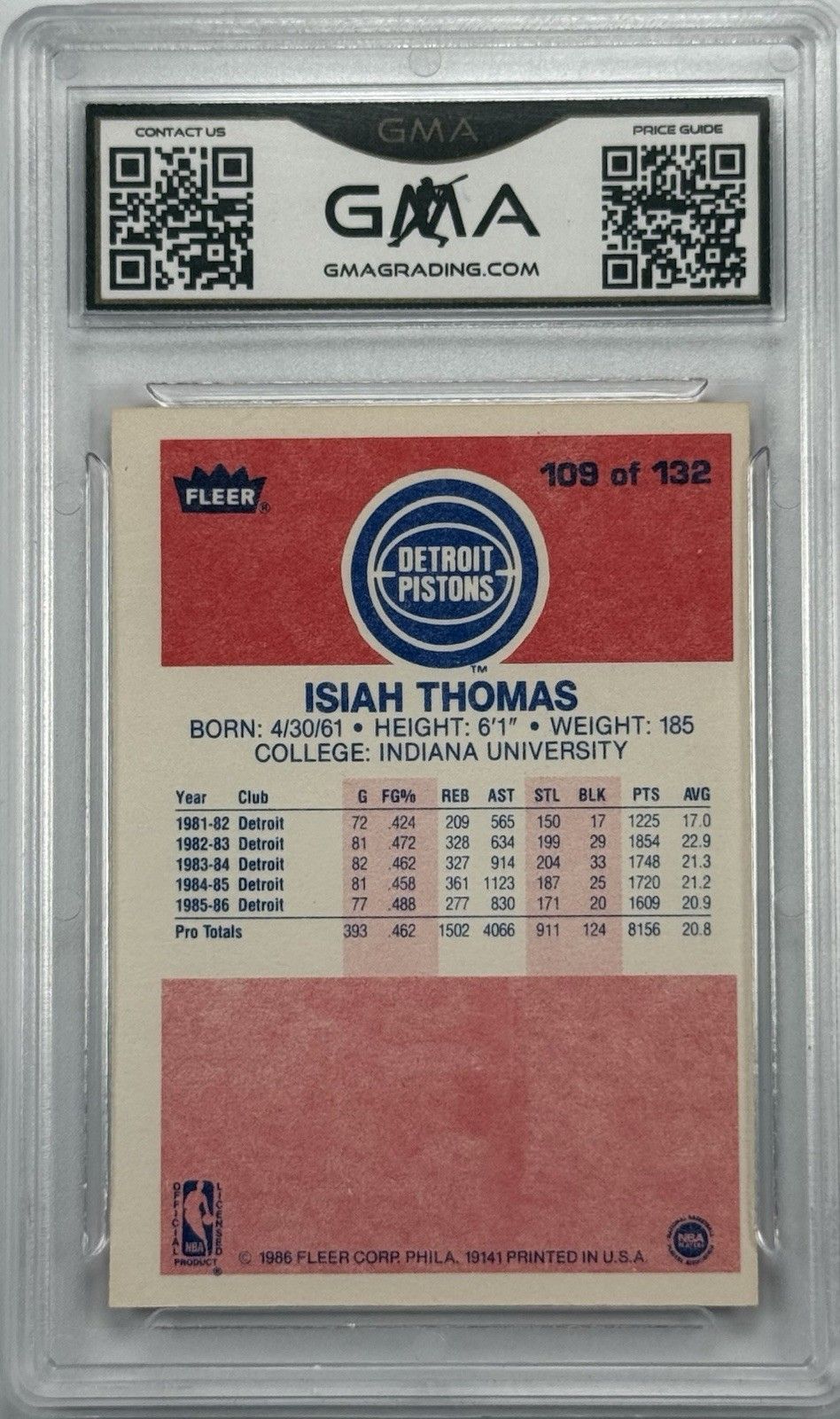 1986 Fleer Isiah Thomas Rookie #109 GMA 7 NM Detroit Pistons HOF RC