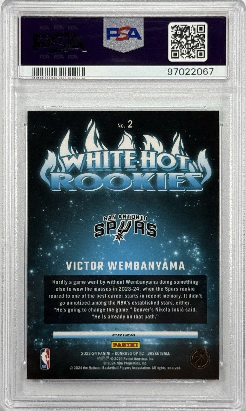 2023 Donruss Optic Victor Wembanyama White Hot Rookies Holo PSA 10 Gem Mint RC