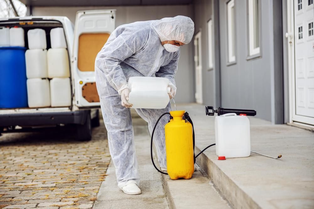 A Man In A Protective Suit Is Spraying Chemicals On The Sidewalk — X-Terminate Pest Control In Cooroy, QLD