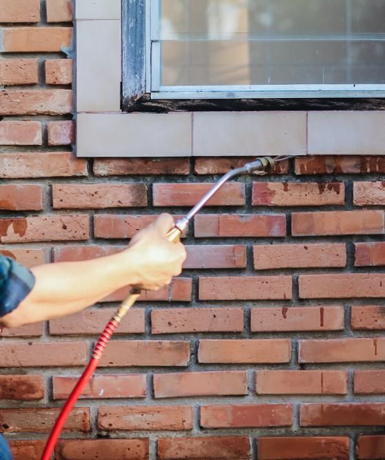 A Person Is Spraying A Brick Wall With A Hose — X-Terminate Pest Control In Pamona, QLD