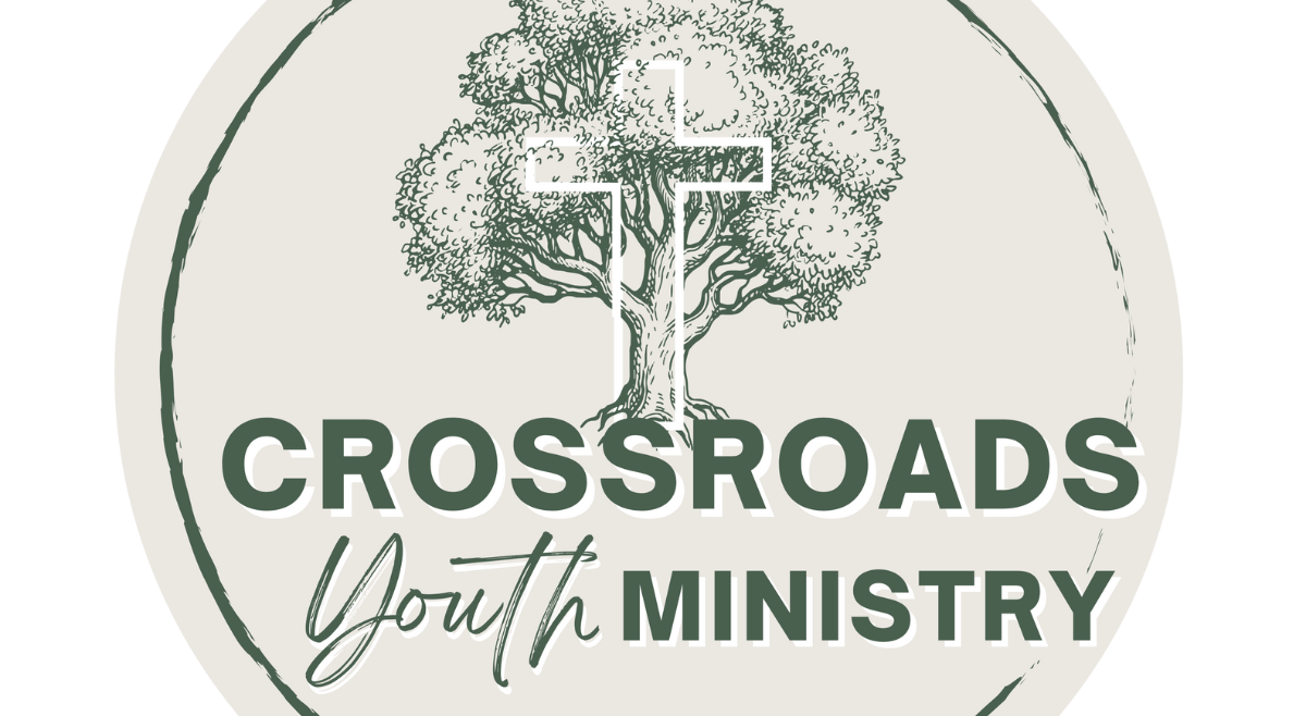 A logo for a youth ministry with a tree and a cross in a circle.