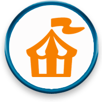 A blue circle with an orange icon of a tent with a flag on top