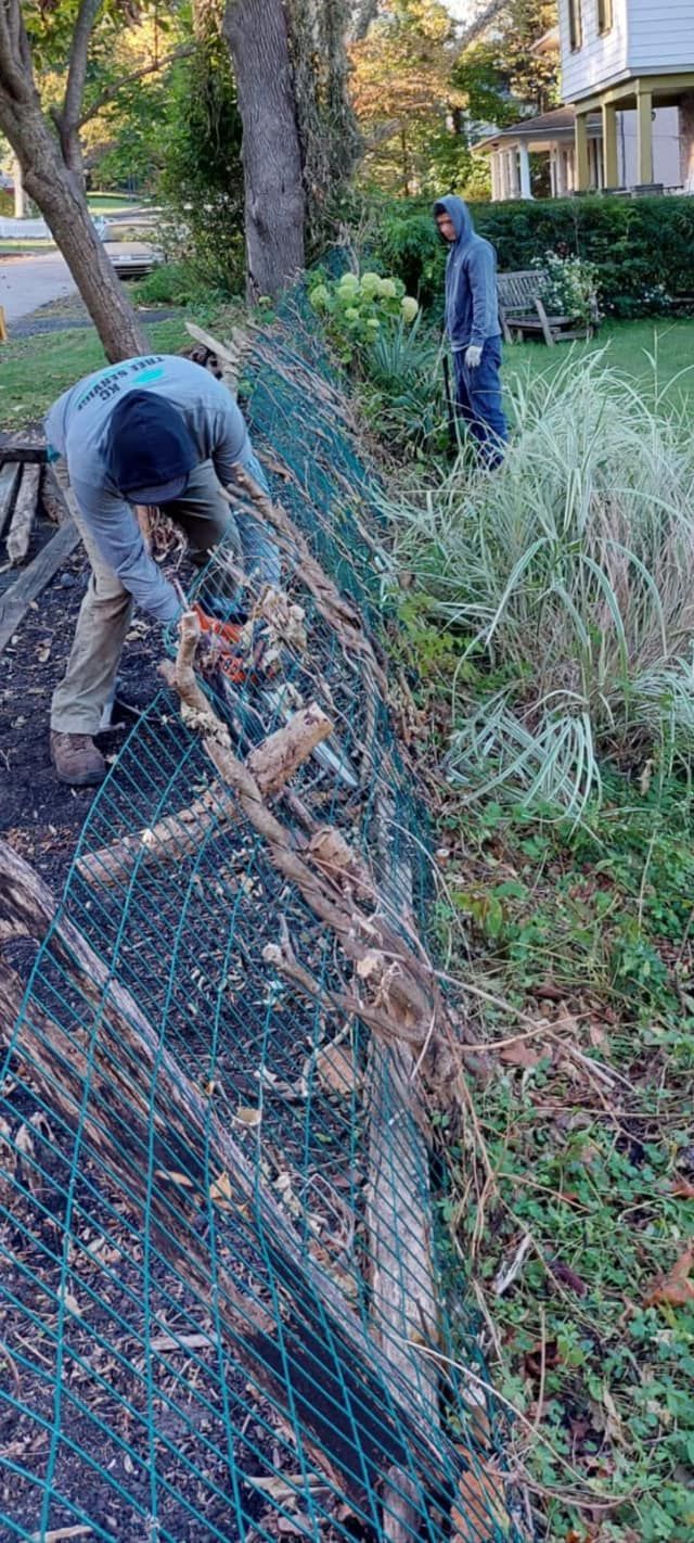 Two men are working on a fence in a yard.