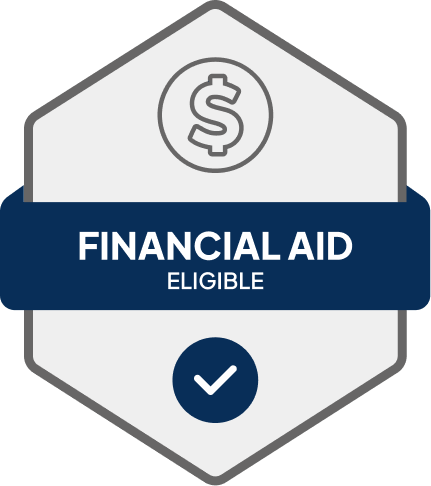 Badge: Financial Aid Eligible, blue banner, building icon, dollar sign.