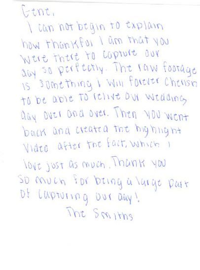 Letter from Sean and Nicole thanking In Motion Video for their wedding videos.