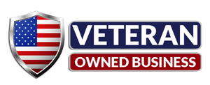 A veteran owned business logo with an american flag on a shield.