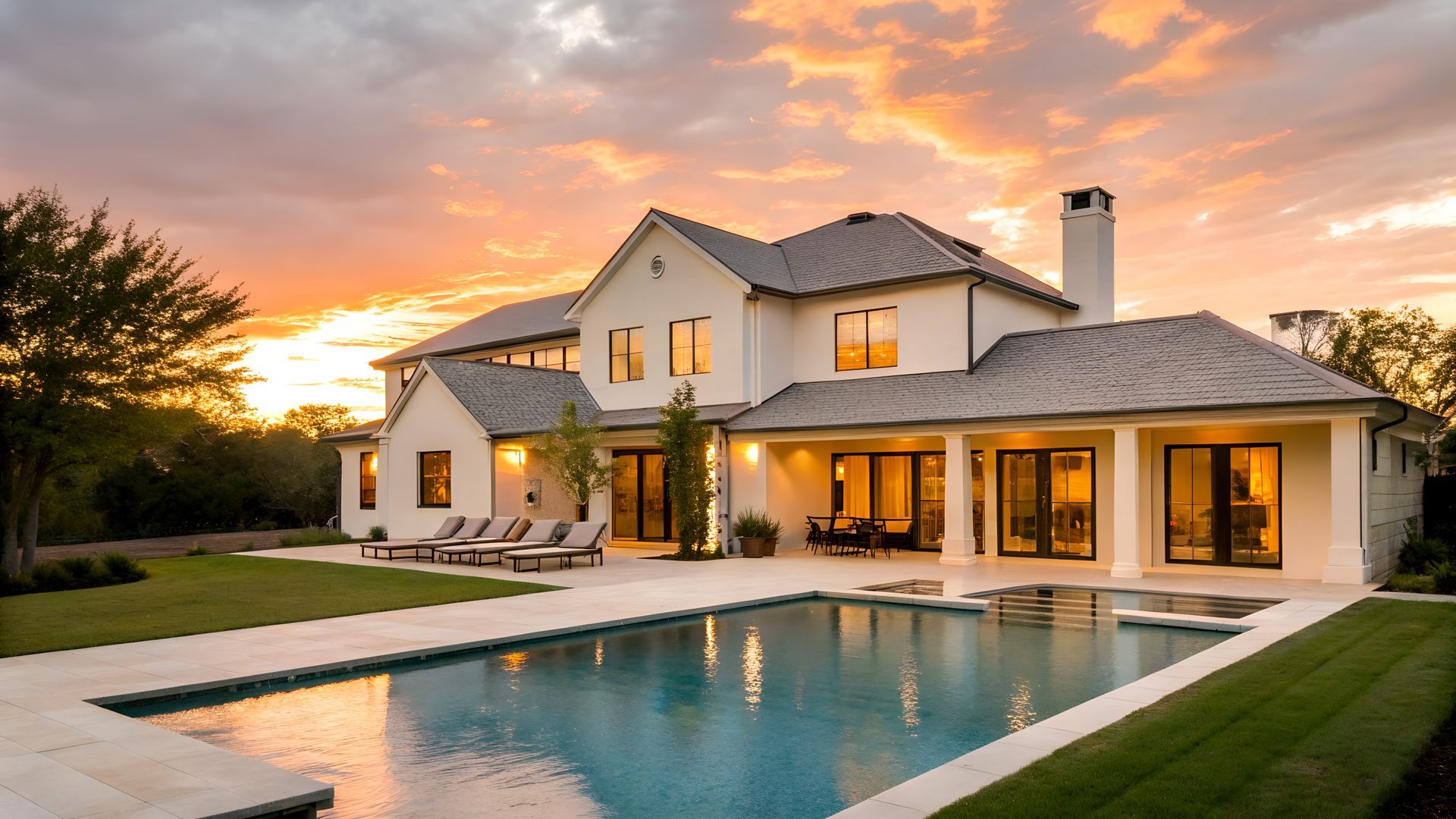 Luxury home with pool and patio, set against a colorful sunset.