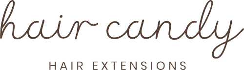 Hair Candy logo with the words “HAIR EXTENSIONS” beneath in brown text on a white background