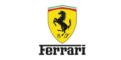 Ferrari logo: Black prancing horse on a yellow shield, with 