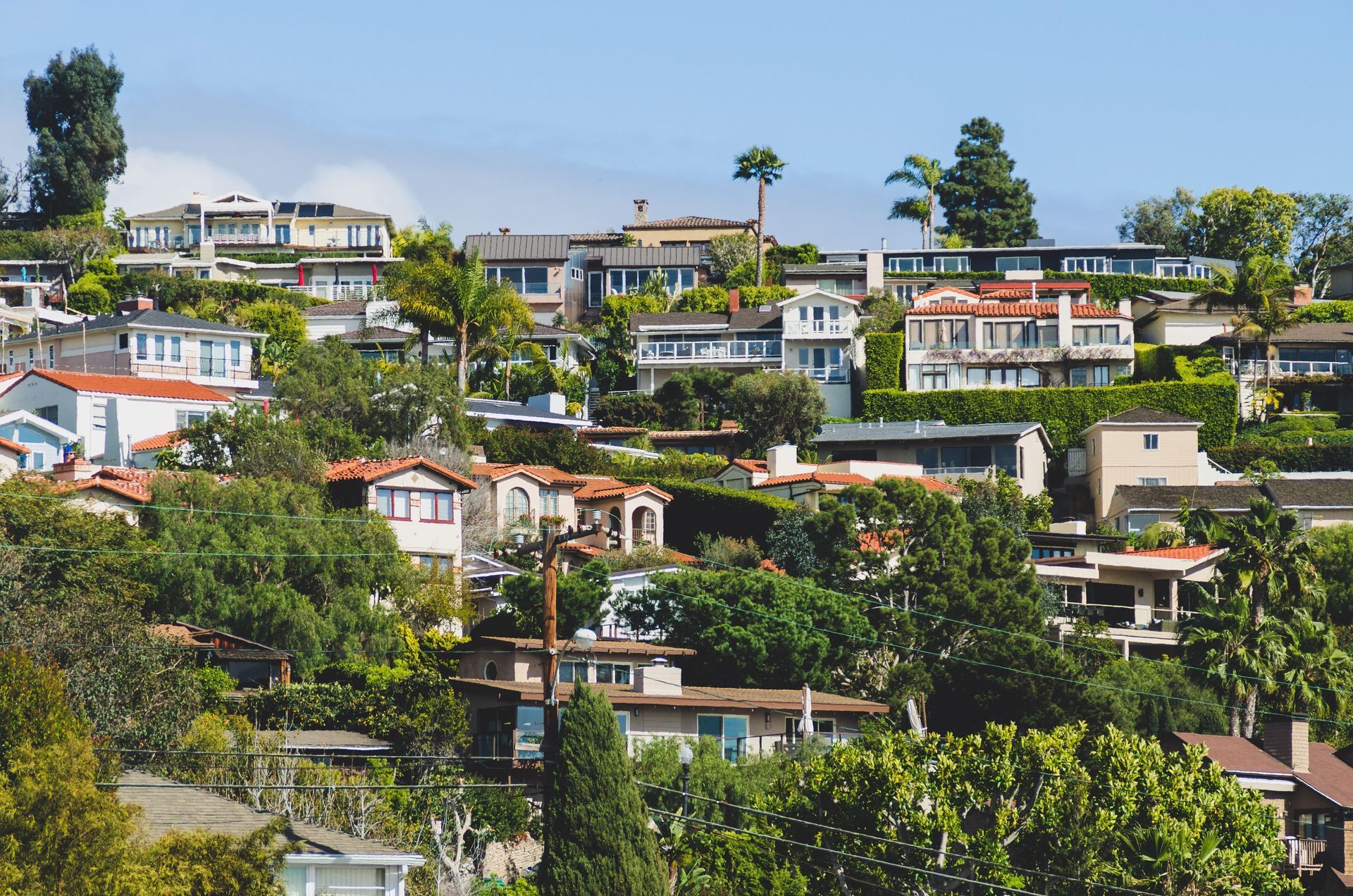 A row of houses sitting on top of a hill surrounded by trees.