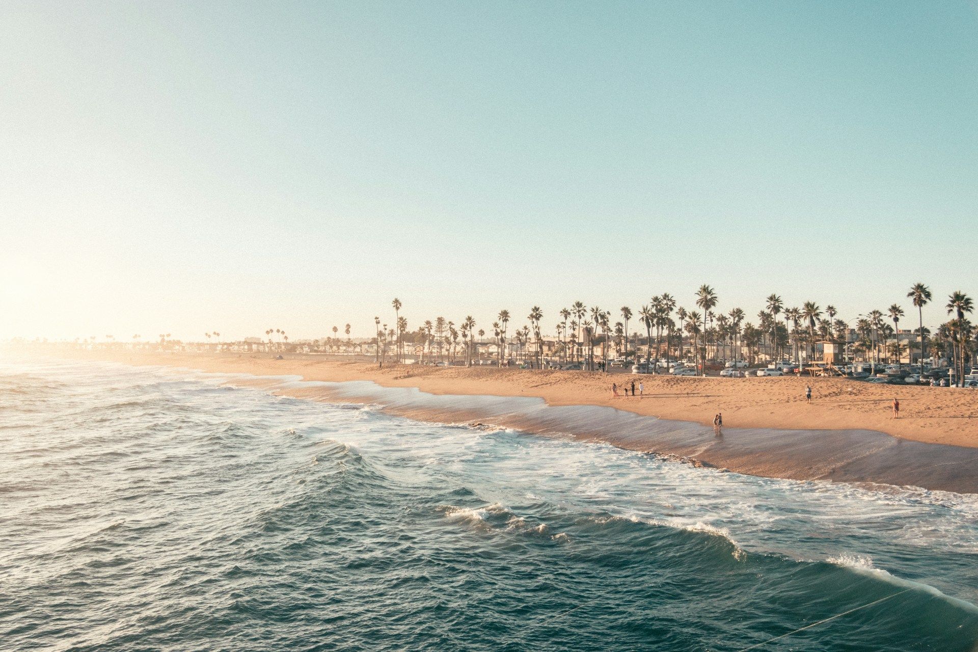 Beach scene with waves, sand, palm trees, and clear sky at sunset.