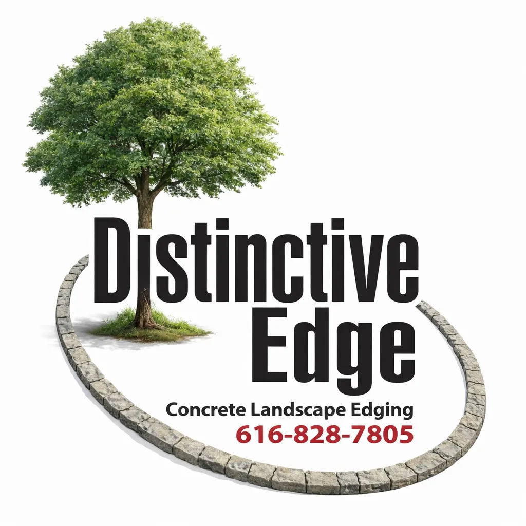 Logo for Distinctive Edge Concrete Landscape Edging featuring a tree encircled by a concrete edge, with phone number.